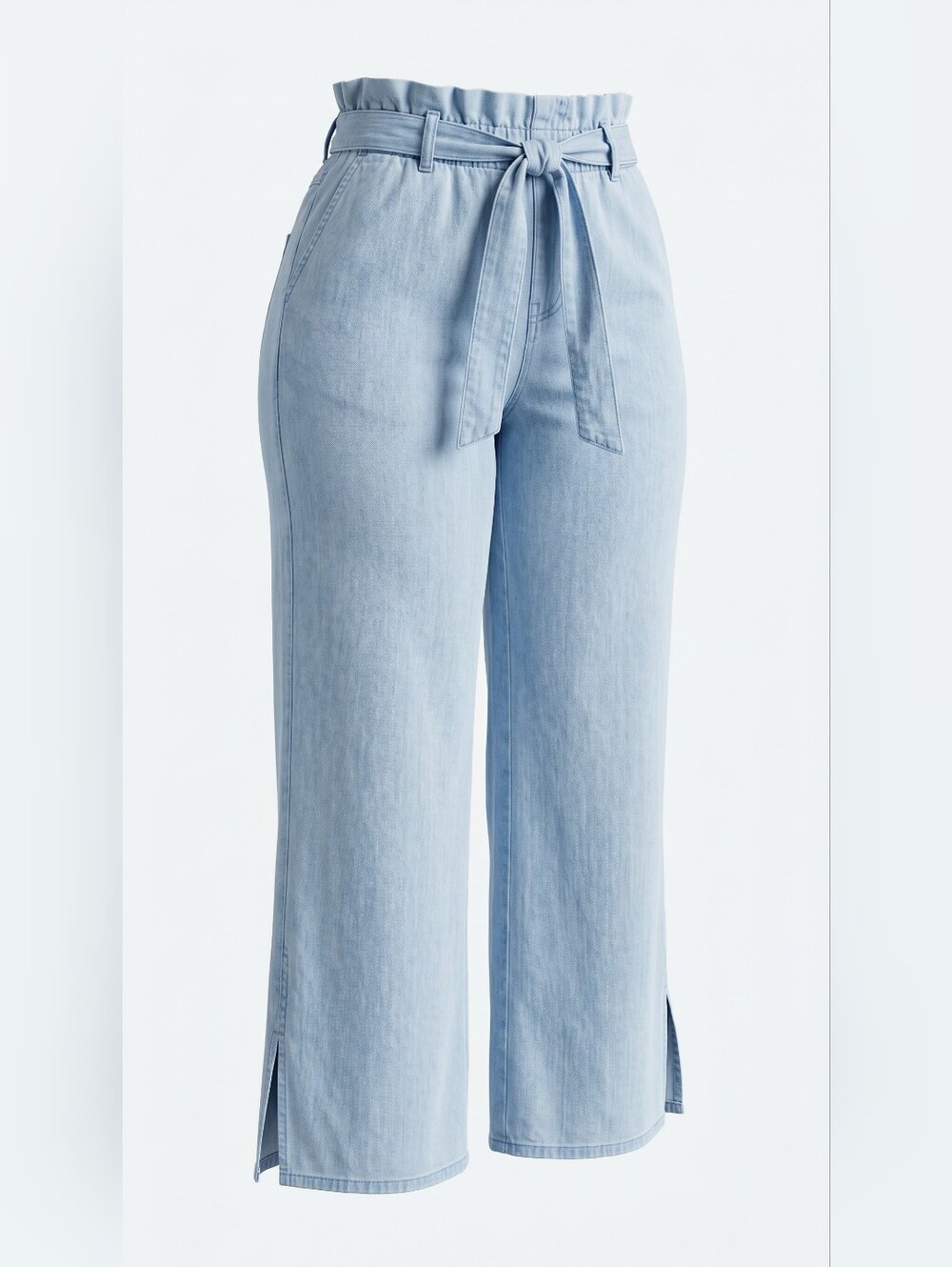 Light Wash Wide Leg Paperbag Waist Jeans High Rise Denim with Tie‎ Belt Boho